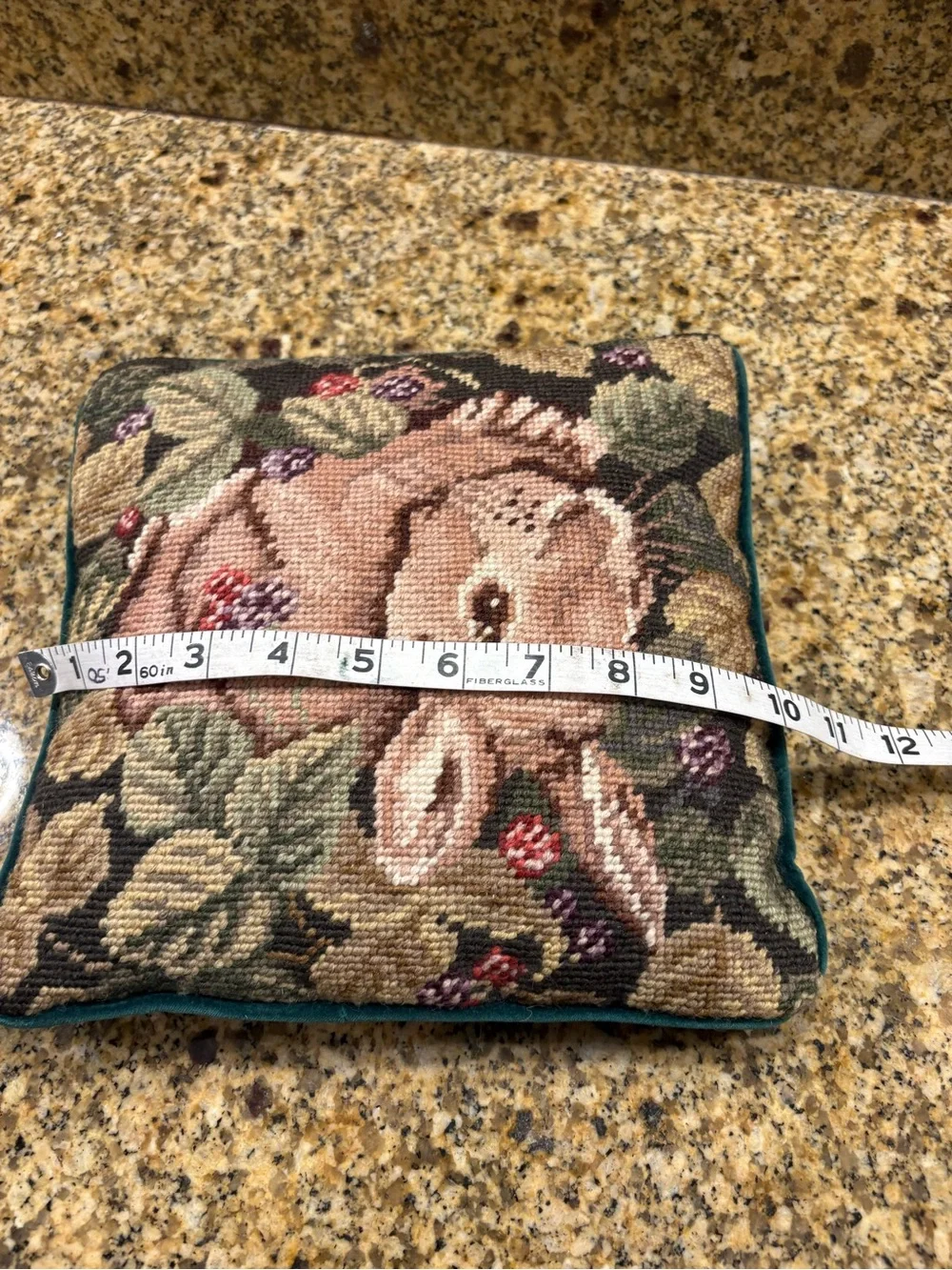 Vintage Needlepoint Bunny Throw Pillow appx 10” Rabbit Cottagecore Farmhouse